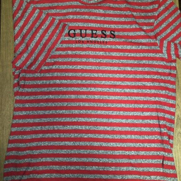 GUESS Originals T-Shirt Medium Red Gray Striped Logo Graphic Short Sleeve Mens - Picture 5 of 10